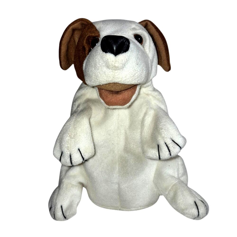 Folkmanis Small Dog Hand Puppet Plush White/ Brown Floppy Ears Brown Eyes 9"